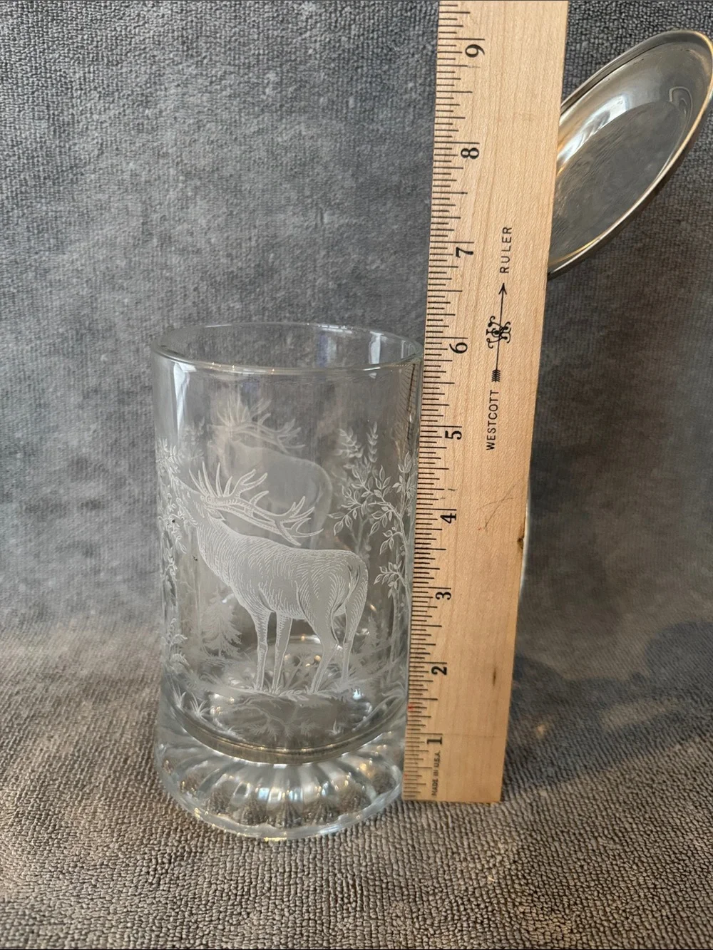 ALWE West Germany Glass Beer Stein Etched Stag Wildlife Design Pewter Lid